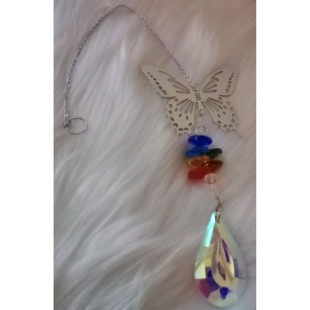 Silver Butterfly Iridescent Crystal Prism Colorful Sun Catcher Window Hanging
